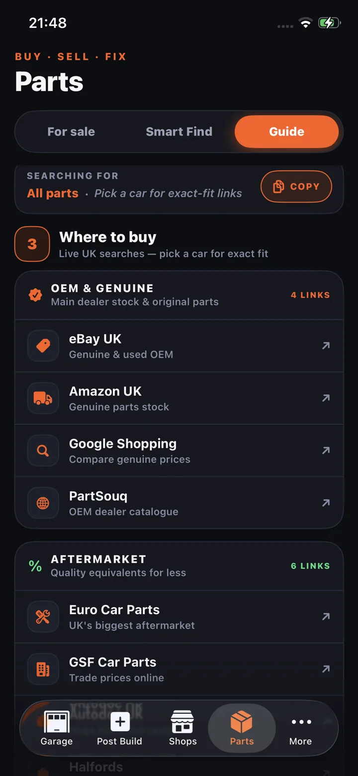 Where to buy a part in the Help & Rebuild app — OEM, genuine and aftermarket supplier links