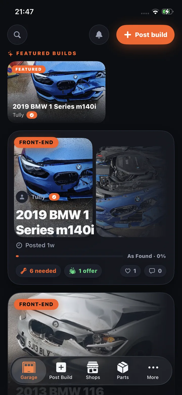 The Help & Rebuild garage feed showing featured member builds