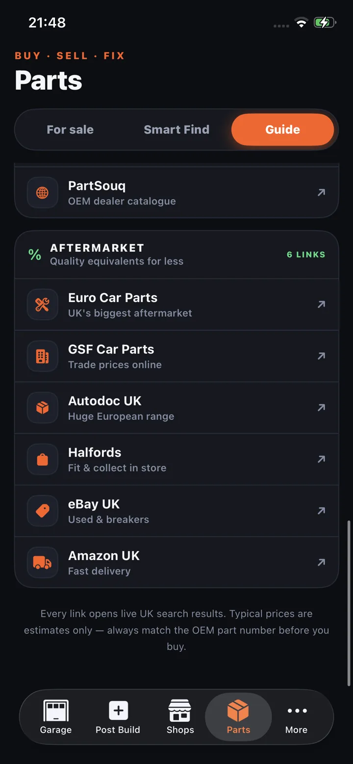 Aftermarket parts links in the Help & Rebuild app — Euro Car Parts, GSF, Autodoc and more