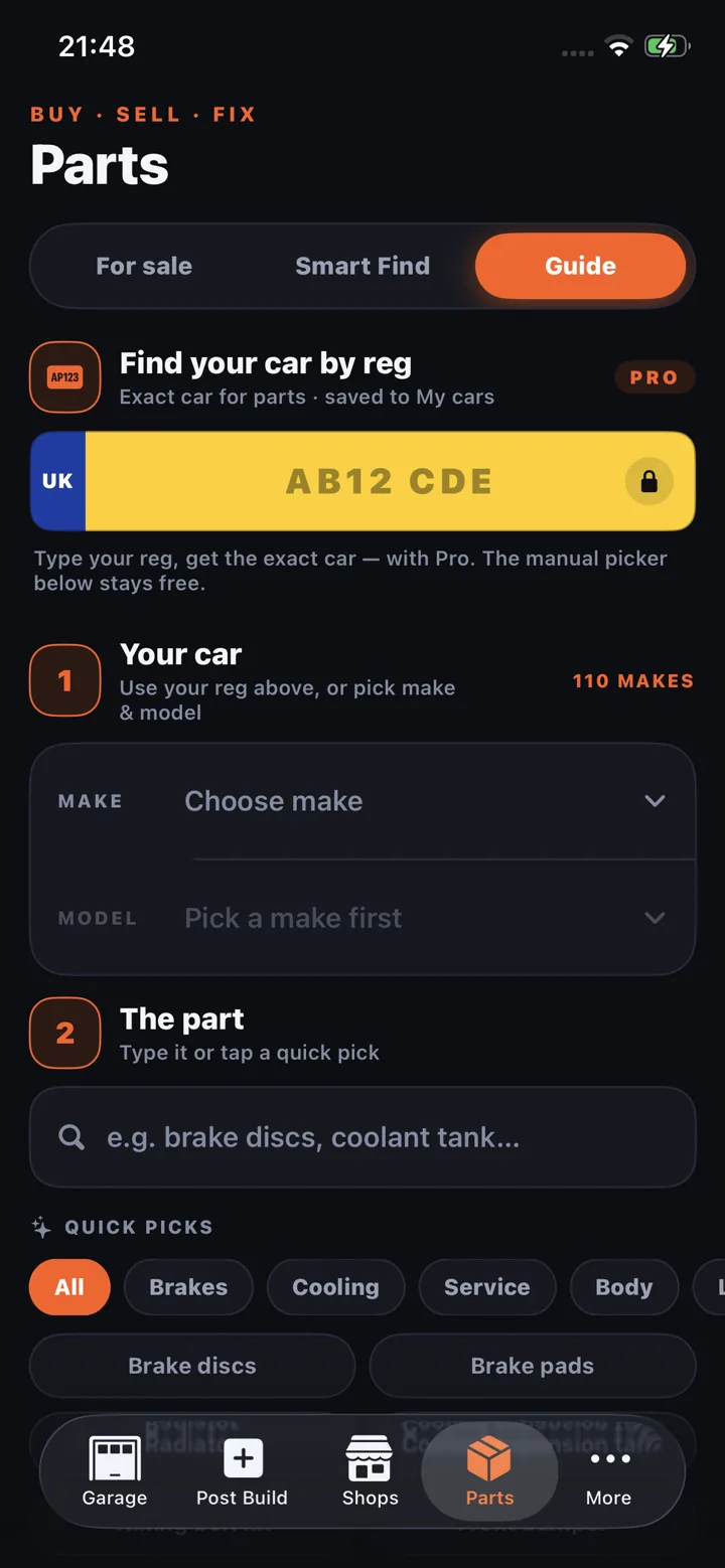 The Parts tab in the Help & Rebuild app — finding parts for your exact car by reg