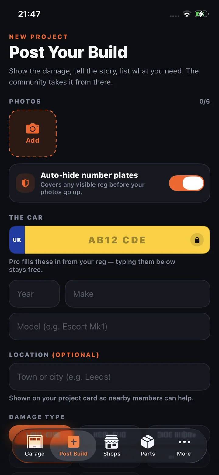 Posting a build in the Help & Rebuild app — photos, reg autofill and auto-hidden number plates