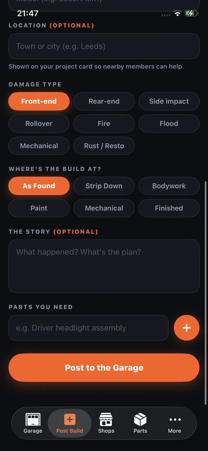 Choosing damage type and build stage when posting a project in the Help & Rebuild app