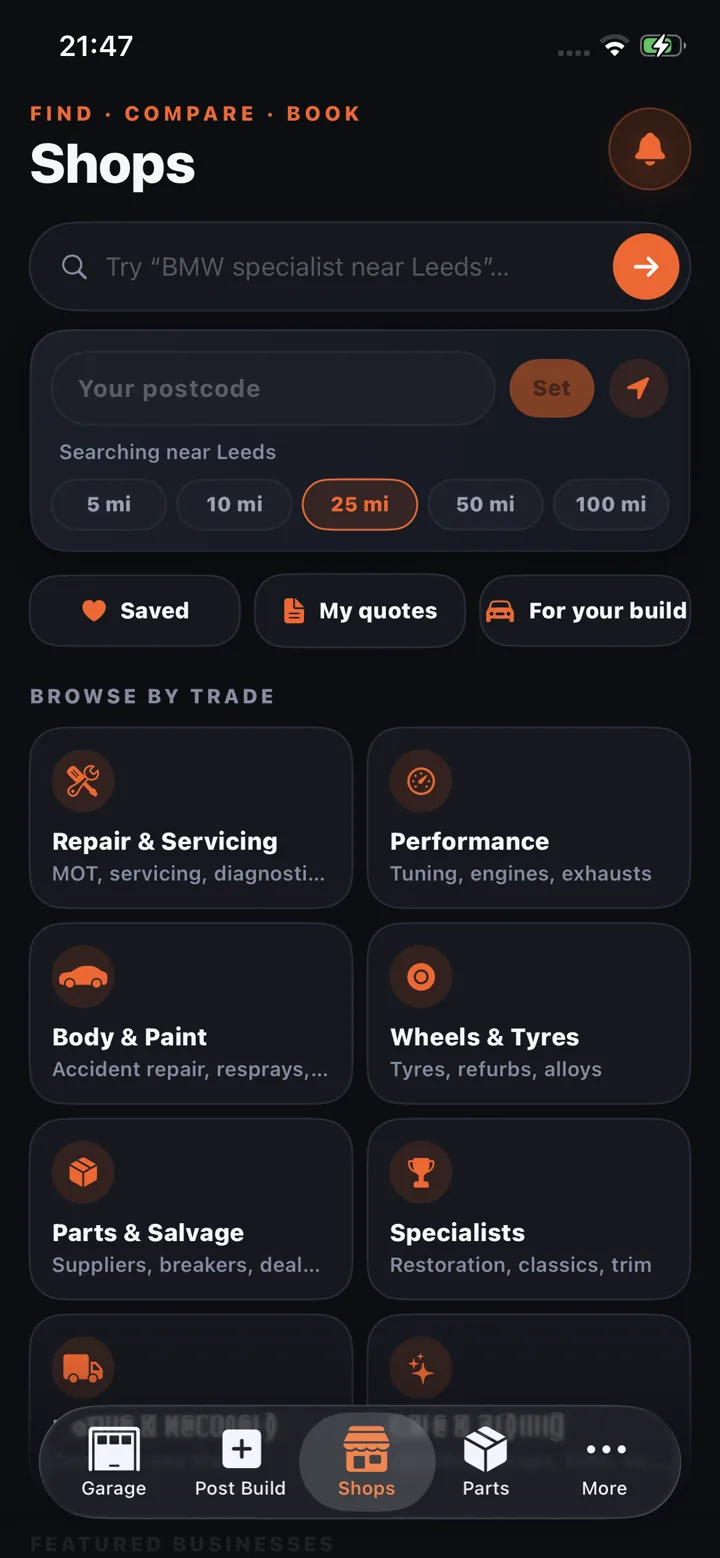 The Shops tab in the Help & Rebuild app — browsing UK trades by service and distance